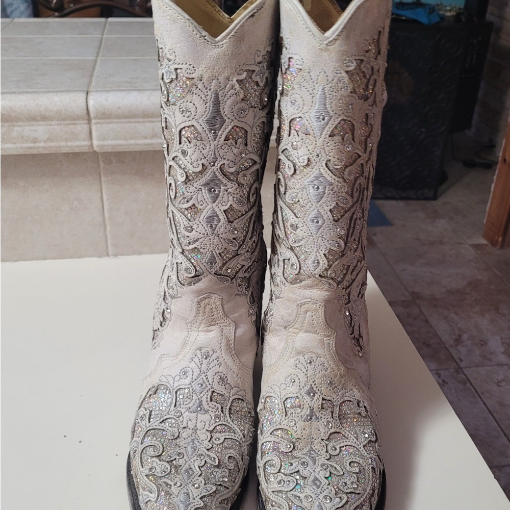 Betsey Johnson White and Silver Embellished Heeled Boots
